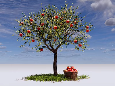 Apple Tree with Ripe Red Apples Fruit Basket Underneath Green Grass and Blue Sky 3d model
