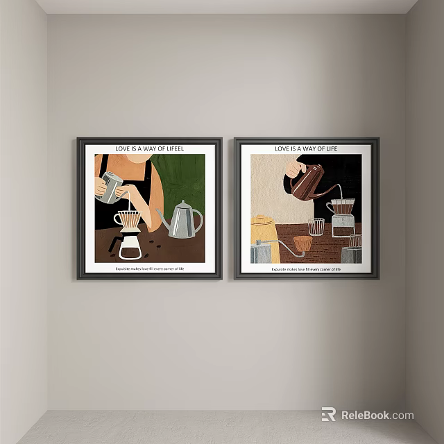 Abstract Paintings Coffee Theme Daily Routine Scenes With Black Frames Hanging On Light Wall 3d model