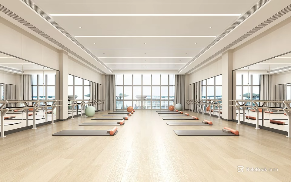 Bright Fitness Studio With Yoga Mats Exercise Balls Mirrors And Large Windows 3d model 