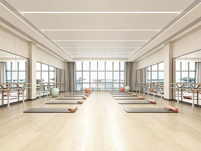 Bright Fitness Studio With Yoga Mats Exercise Balls Mirrors And Large Windows 3d model