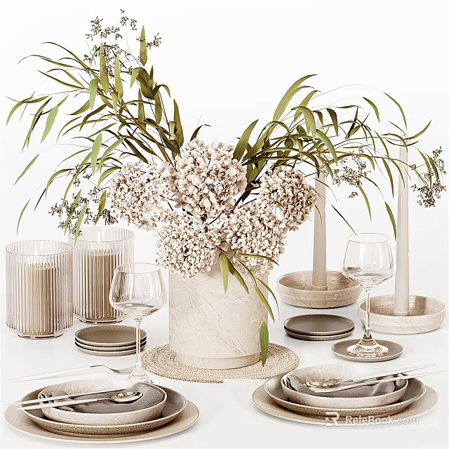 Elegant Tableware Set with Marble Vase White Flowers Green Foliage Wine Glasses Candles and Trays 3d model 