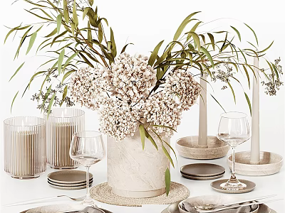 Elegant Tableware Set with Marble Vase White Flowers Green Foliage Wine Glasses Candles and Trays 3d model