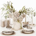 Elegant Tableware Set with Marble Vase White Flowers Green Foliage Wine Glasses Candles and Trays