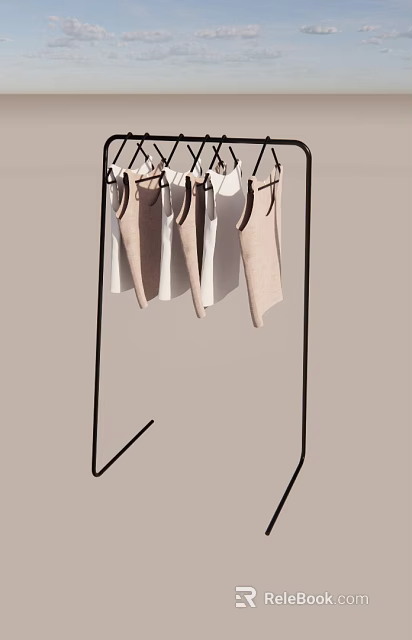 Black Metal Clothes Display Rack With Light Colored Tank Tops Hanging 3d model 