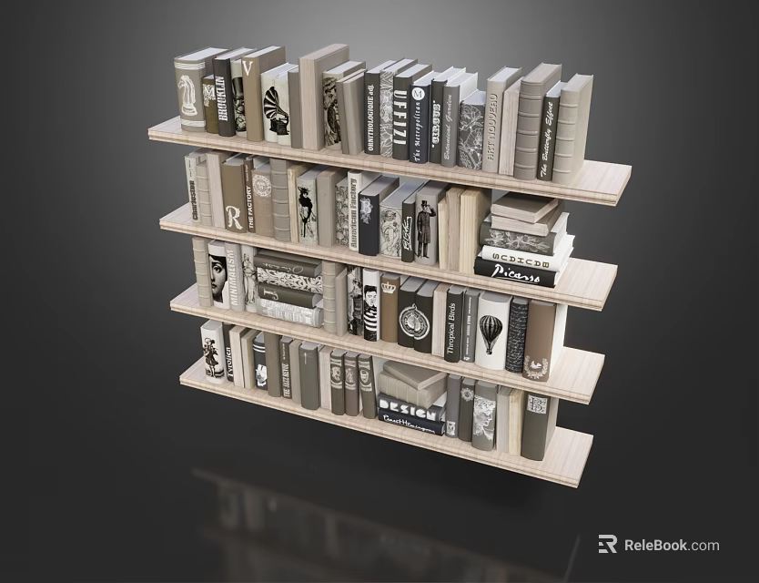 Wooden Bookshelf With Multiple Layers Holding Neatly Arranged Books And Magazines With Various Cover Designs 3d model 