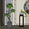 Chinese Style Bonsai Potted Plants with Decorative Wooden Stand and Background Wall