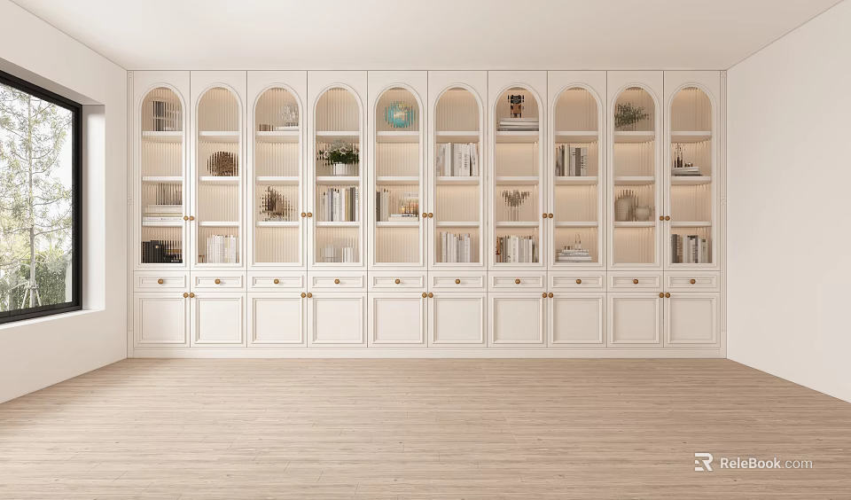 Elegant Modern Built In Bookcase With Arched Glass Doors Books Decorative Items And Green Plants 3d model 