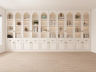 Elegant Modern Built In Bookcase With Arched Glass Doors Books Decorative Items And Green Plants 3d model