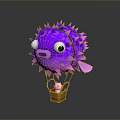 Purple Pufferfish Hot Air Balloon Carrying White Rabbit In Basket