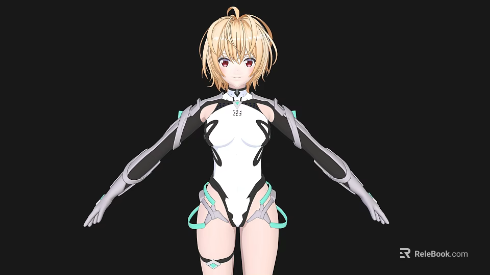 Blonde Haired Woman With Red Eyes In White Bodysuit And Mechanical Elements On Arms Legs 3d model 