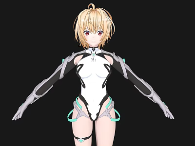 Blonde Haired Woman With Red Eyes In White Bodysuit And Mechanical Elements On Arms Legs 3d model