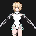 Blonde Haired Woman With Red Eyes In White Bodysuit And Mechanical Elements On Arms Legs