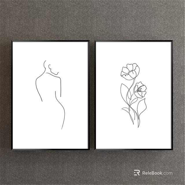 Two Piece Abstract Line Art Paintings With Female Figure And Floral Design 3d model 
