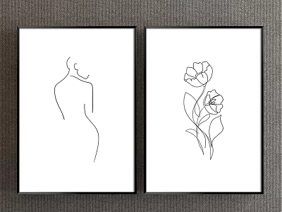 Two Piece Abstract Line Art Paintings With Female Figure And Floral Design 3d model