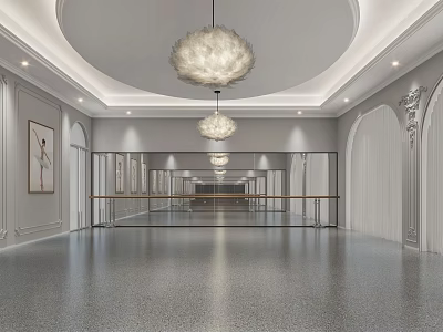 Elegant Spacious Fitness Dance Studio With Ballet Barres Marble Floor Arched Doorways And Chandeliers 3d model