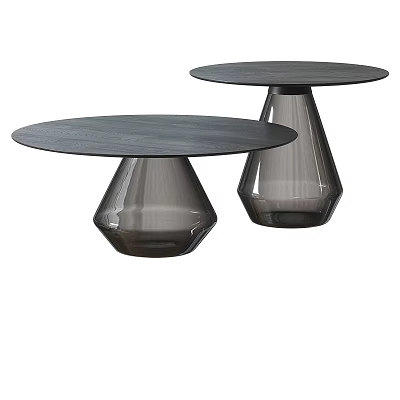 Two Contemporary Coffee Tables with Round Dark Tops and Clear Glass Geometric Bases 3d model