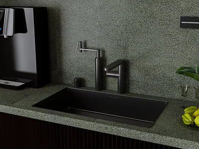 Sleek Black Washbasin with Modern Faucet on Green Speckled Countertop and Green Plant 3d model