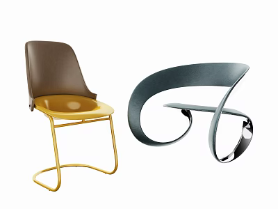 Modern Stylish Leisure Chairs With Brown Seats Yellow Bases And Black Curved Design 3d model