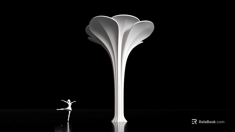 White Petal Shaped Decorative Pillar With Ballerina Figure On Black Background 3d model 