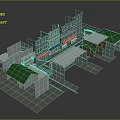 Cartoon Scenery With Small Commercial Buildings Green White Roofs Red White Striped Awnings And Sidewalk