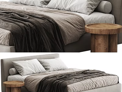 Comfortable Double Bed With White Pillows Gray Brown Blankets And Wooden Round Side Table 3d model