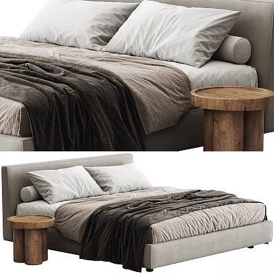 Comfortable Double Bed With White Pillows Gray Brown Blankets And Wooden Round Side Table 3d model