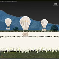 Illuminated AK COM Hot Air Balloons Over Mountain Range And Green Field At Dusk