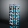 Modern High Rise Building With Reflective Glass Facade Layered Metal Frames And Top Spire