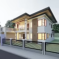 Modern Two Story Detached Villa With White Brown Walls Dark Roof And Green Lawn
