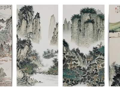 Traditional Chinese Landscape Painting With Rock Formations Trees Mist And Stream 3d model