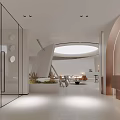 Modern Minimalist Interior Design With Circular Skylight Green Plants Glass Door And White Walls