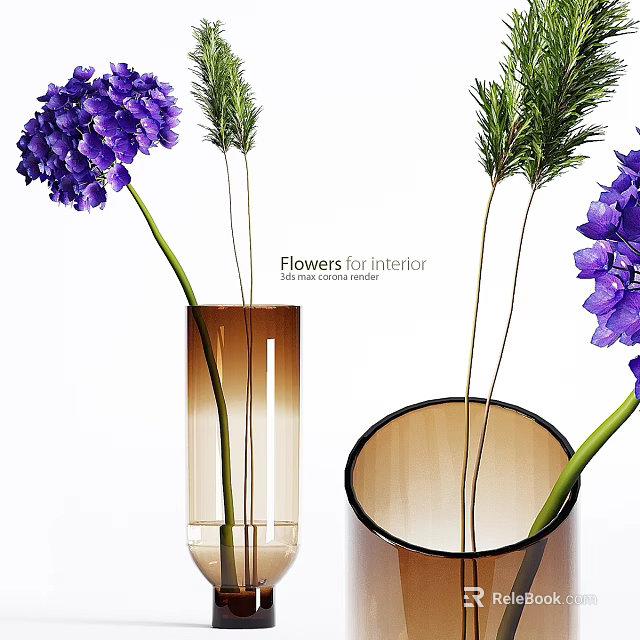 Elegant Decorative Ornament Set With Purple Hydrangeas Green Plants And Vases 3d model 