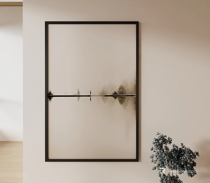 Minimalist Abstract Wall Art With Black Frame And Indoor Plant Decor 3d model 