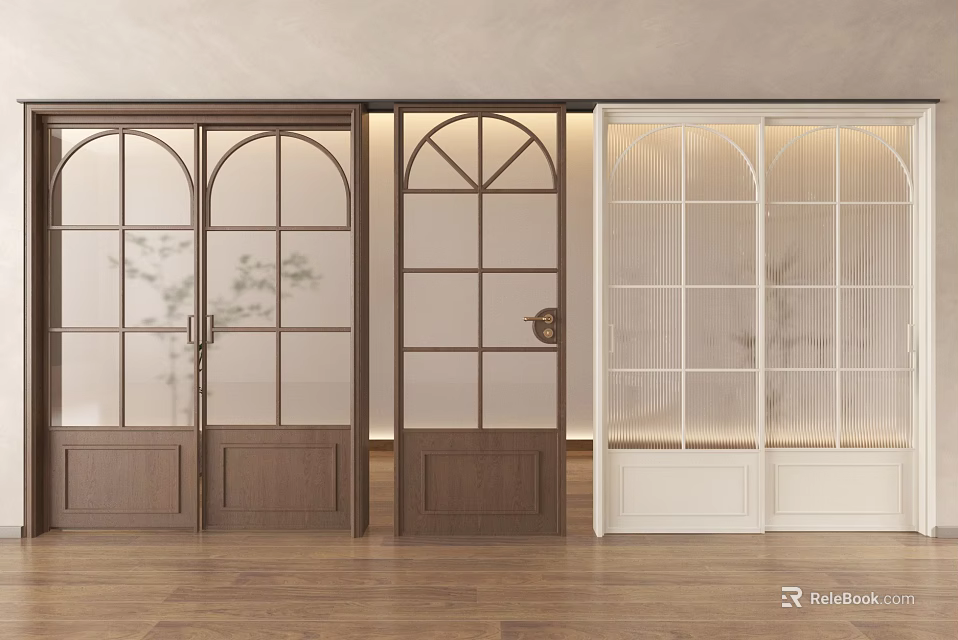 Stylish Sliding Doors With Arched Glass Panels Wooden And White Colors Modern Interior Design 3d model 