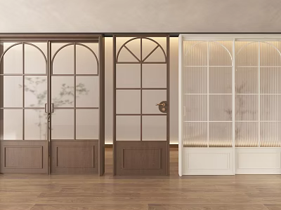 Stylish Sliding Doors With Arched Glass Panels Wooden And White Colors Modern Interior Design 3d model