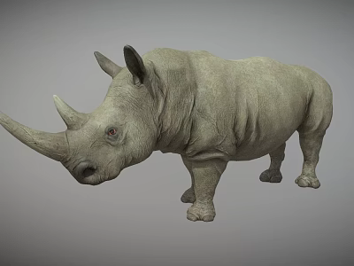 Detailed Gray Rhinoceros 3D Model Standing With Large Horn On Plain Gray Background 3d model