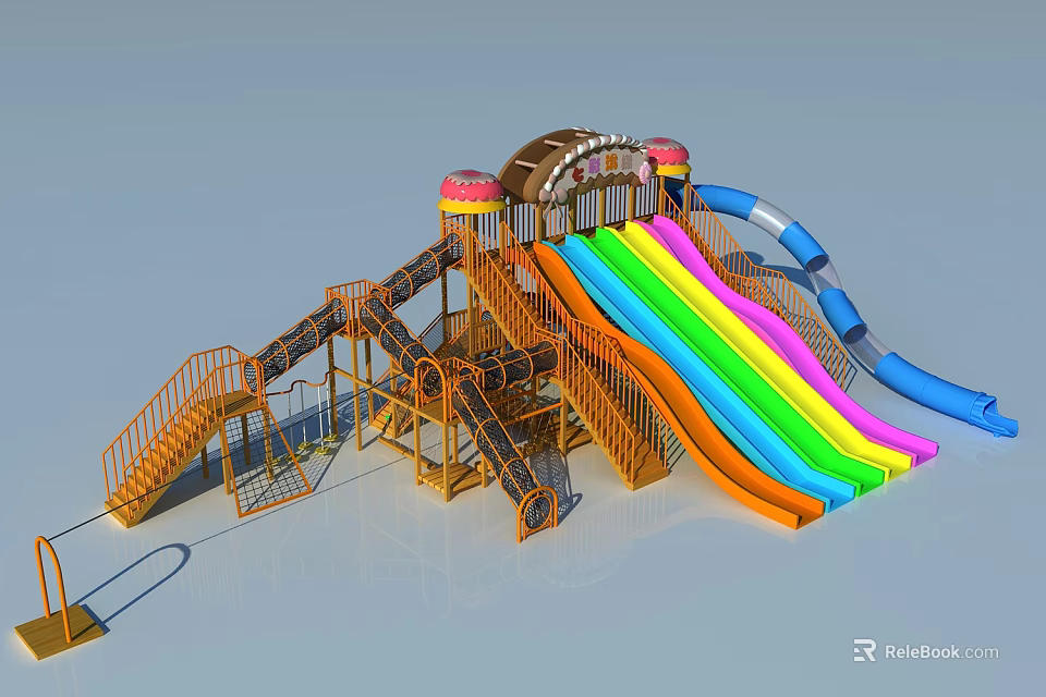 Outdoor Playground Equipment With Colorful Rainbow Slides Staircases And Decorative Roof 3d model 