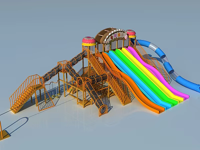 Outdoor Playground Equipment With Colorful Rainbow Slides Staircases And Decorative Roof 3d model