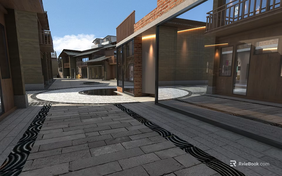 Traditional Modern Commercial Street Featuring Storefronts Decorative Paving And Scenic Pedestrian Walkway 3d model 