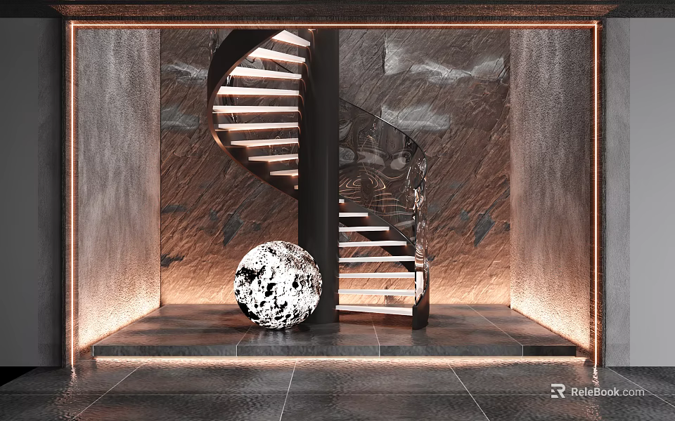 Modern Spiral Staircase Interior With Illuminated Steps Stone Wall And Moon Sphere 3d model 