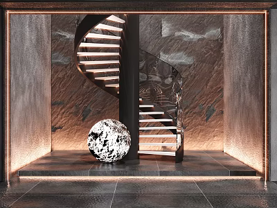 Modern Spiral Staircase Interior With Illuminated Steps Stone Wall And Moon Sphere 3d model