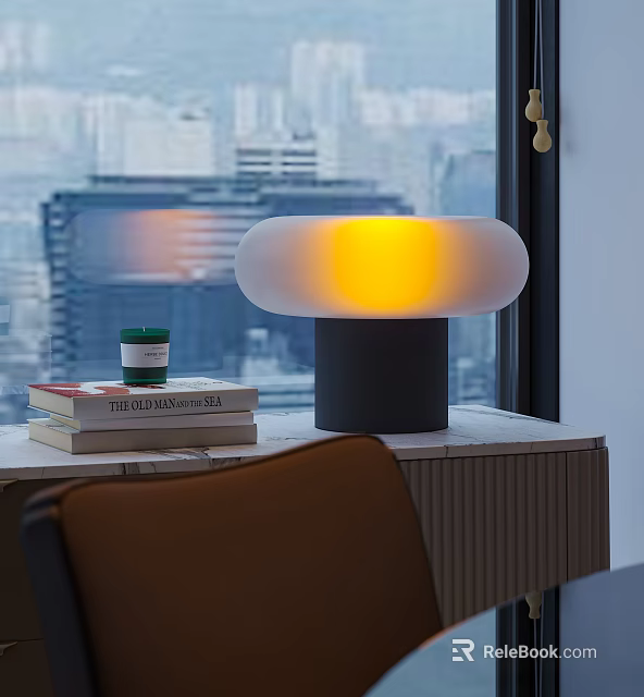 Table Lamp With White Lampshade And Yellow Light By Window With Books And Coffee Cup 3d model 