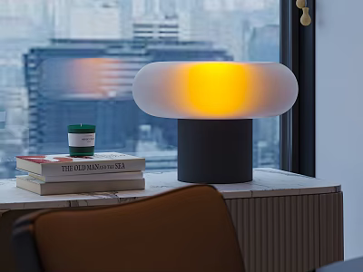 Table Lamp With White Lampshade And Yellow Light By Window With Books And Coffee Cup 3d model