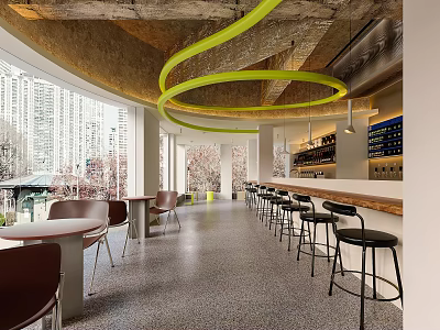Modern Café Interior With Large Windows Yellow Circular Ceiling Lights Bar Counter And Brown Chairs 3d model