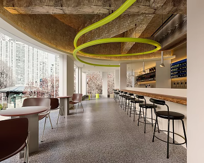 Modern Café Interior With Large Windows Yellow Circular Ceiling Lights Bar Counter And Brown Chairs 3d model