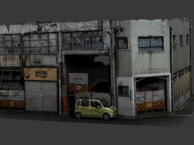 Cartoon Scene Showing Abandoned Factory Rusty Metal Yellow Car Parked In Front With Warning Signs 3d model