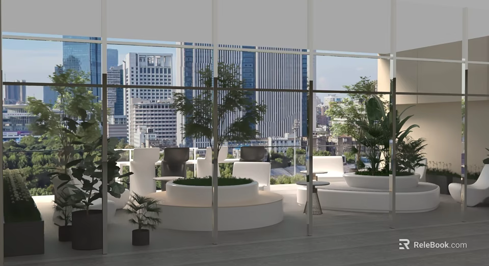 Modern Lounge Area With Large Windows Urban Skyline Greenery And White Seating Circular Planters 3d model 
