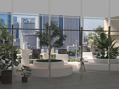 Modern Lounge Area With Large Windows Urban Skyline Greenery And White Seating Circular Planters 3d model