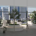 Modern Lounge Area With Large Windows Urban Skyline Greenery And White Seating Circular Planters