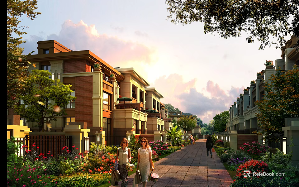 Elegant Townhouse Exterior With Landscaped Gardens Walkway People And Sunset Sky 3d model 